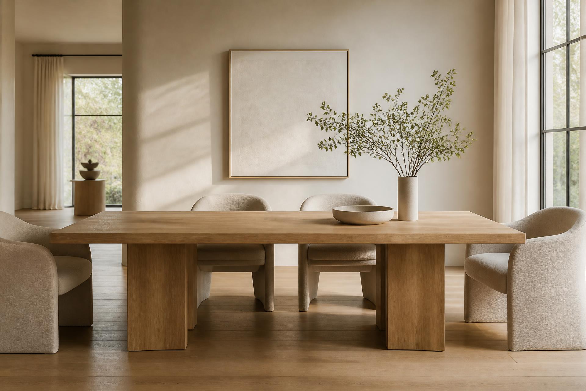 Scandinavian dining room with a solid European oak dining table in natural daylight